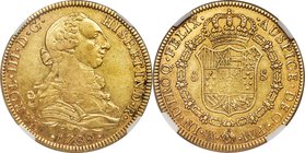 Charles III gold 8 Escudos 1788 Mo-FM AU50 NGC, Mexico City mint, KM156.2a, Onza-788. Scarcer variety with inverted mintmark and assayer. Bordered by ...