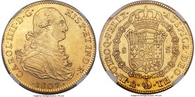 Charles IV gold 8 Escudos 1807 Mo-TH AU Details (Scratches) NGC, Mexico City mint, KM159, Onza-1044. A well-detailed example of this popular gold deno...