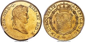 Ferdinand VII gold 8 Escudos 1815/4 Mo-HJ MS62 NGC, Mexico City mint, KM161, Cal-54. Golden mint luster with moderate marks. The date is softly struck...