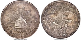 Republic "Hookneck" 8 Reales 1824 Go-JM XF45 NGC, Guanajuato mint, KM-A376.1. Medal Axis. A charming example of this iconic "hookneck" eagle type disp...