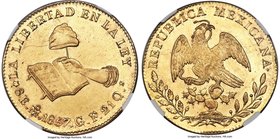 Republic gold 8 Escudos 1857 Mo-GF UNC Details (Obverse Scratched) NGC, Mexico City mint, KM383.9. Rarely encountered at the uncirculated level, nearl...