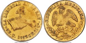 Republic gold 8 Escudos 1857 C-CE AU53 PCGS, Culiacan mint, KM383.2. Bright and sunny surfaces illuminate the devices on this popular type. The centra...