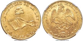 Republic gold 8 Escudos 1858 Go-PF MS61 NGC, Guanajuato mint, KM383.7. Boldly struck with a satiny, dry luster and light toning around the devices.
...