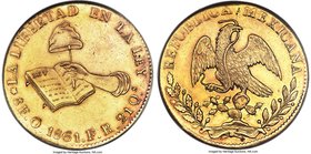 Republic gold 8 Escudos 1861 O-FR AU55 PCGS, Oaxaca mint, KM383.10. Sharp throughout and virtually without wear to the devices, this specimen displays...