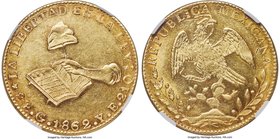 Republic gold 8 Escudos 1862 Go-YE MS61 NGC, Guanajuato mint, KM383.7. An attractive piece with significant mint luster and light toning around the pe...