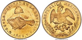 Republic gold 8 Escudos 1862 Go-YE AU58 PCGS, Guanajuato mint, KM383.7. A choice example with just the tiniest amount of handling noted. Abundant flas...