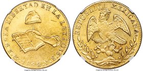Republic gold 8 Escudos 1862 Go-YE AU55 NGC, Guanajuato mint, KM383.7. A bright example with subdued but strong luster remaining, a pleasing lemon-gol...