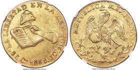 Republic gold 8 Escudos 1865 CA-JC AU53 NGC, Chihuahua mint, KM383.1. Signs of gentle handling are evident on this attractive piece exhibiting a light...