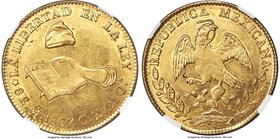 Republic gold 8 Escudos 1867 Mo-CH MS62 NGC, Mexico City mint, KM383.9. This gleaming selection offers bright golden surfaces which retain a slightly ...