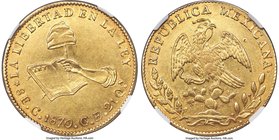 Republic gold 8 Escudos 1870 C-CE AU55 NGC, Culiacan mint, KM383.2. Lustrous and well-defined, with a general appearance that borders quite close to u...