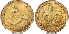 Republic gold 8 Escudos 1871/61 CA-MM UNC Details (Cleaned) NGC, Chihuahua mint, KM383.1, Fr-67. A remarkably attractive original example of this over...