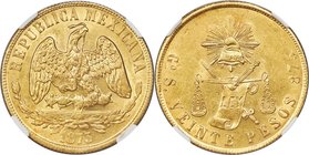 Republic gold 20 Pesos 1873 Go-S MS62+ NGC, Guanajuato mint, KM414.4. A bright golden example with satiny luster and a great strike, the details of wh...