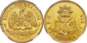 Republic gold 20 Pesos 1902 Mo-M MS63+ NGC, Mexico City mint, KM414.6. A glowing aurous example offering standout visual appeal. Well-struck, with a p...