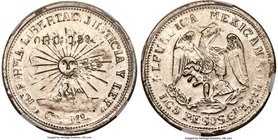 Guerrero. Revolutionary 2 Pesos 1915-GRO Co. Mo. MS63 NGC, Guerrero mint, KM644, Guthrie-174. Obv. Eagle on cactus. Rev. Radiant sun over volcano, Co....