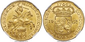 Gelderland. Provincial gold 14 Gulden (Gold Rider) 1762 MS61 NGC, KM86.1, Fr-242. Impressive to behold as a joint consequence of its rarity, brightnes...