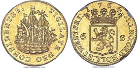 Holland. Provincial gold 6 Stuivers (1/2 Gulden) 1764 AU58 NGC, KM45a. An off-metal strike of the silver 6 Stuiver denomination struck in gold from di...