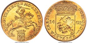 Utrecht. Provincial gold 14 Gulden (Gold Rider) 1763 MS65 NGC, KM104, Fr-288. The near-iconic "Rider" motif is displayed to the full extent of its glo...