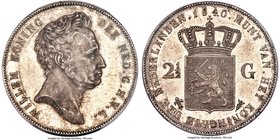 Willem I 2-1/2 Gulden 1840 MS63+ PCGS, KM67. Quite nice for the grade with a handsome overall tone and strong luster emanating from the fields beneath...