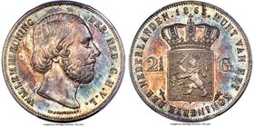 Willem III 2-1/2 Gulden 1863 MS63+ PCGS, KM82. A gorgeous coin with full mint brilliance and lovely iridescent toning with shades of blue and peach. A...