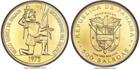 Republic gold 500 Balboas 1975-FM PL64 PCGS, Franklin mint, KM42. Birth of Balboa commemorative. Excellent mirroring with a bright gold chroma. AGW 1....