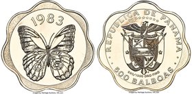 Republic gold "Owl Butterfly" 500 Balboas 1983-FM MS67 NGC, Franklin mint, KM96. Struck in 12 karat gold on a scalloped planchet. The scarcer MS versi...
