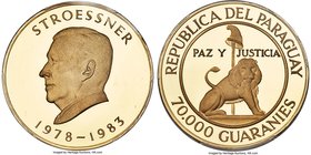 Republic gold Proof 70000 Guaranies 1983 PR66 Deep Cameo PCGS, KM168, Fr-25. Commemorating the 6th term of President Stroessner. Deeply mirrored field...