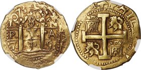 Philip V gold Cob 8 Escudos 1735/4 L-N AU58 NGC, Lima mint, KM38.2 (Rare) A full, bold cross on the reverse, with sharp 735. The obverse strike around...