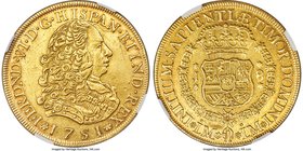 Ferdinand VI gold 8 Escudos 1751 LM-J AU55 NGC, Lima mint, KM50. A light rose-gold tone can be seen along the peripheries within and around the legend...