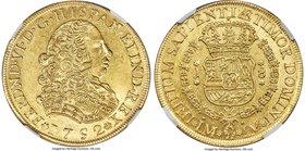 Ferdinand VI gold 8 Escudos 1752 LM-J AU58 NGC, Lima mint, KM50. Luster emanates from the fields of this bright example with a lemon-gold aura, the de...