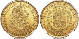 Ferdinand VI gold 8 Escudos 1753 LM-J AU55 NGC, Lima mint, KM50, Fr-16. A handsome coin with a lemon-gold luster and very subdued toning throughout. T...