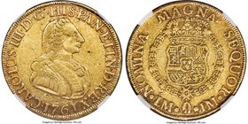 Charles III gold 8 Escudos 1761 LM-JM XF45 NGC, Lima mint, KM68. Original toning with luster in the legends, light surface marks on the obverse. The v...