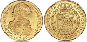 Charles IV gold 8 Escudos 1789 LM-IJ AU55 NGC, Lima mint, KM92. Brightly lustrous surfaces with a lemon-yellow tone and substantial luster remaining....