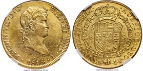 Ferdinand VII gold 8 Escudos 1816 LM-JP AU Details (Cleaned) NGC, Lima mint, KM129.1. The light hairlines referred to by the grade designation are few...