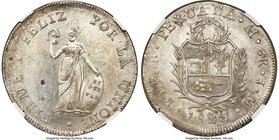Republic 8 Reales 1825 LM-JM MS62 NGC, Lima mint, KM142.1. Except for moderate softness of strike in the reverse legend at REPUB, the strike is bold f...