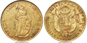 Republic gold 8 Escudos 1854 LIMA-MB AU55 NGC, Lima mint, KM148.4. A lovely example having a sparkly golden luster, light apricot toning around the de...