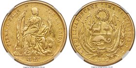 Republic gold 8 Escudos 1863/2 LIMA-YB XF Details (Obverse Cleaned) NGC, Lima mint, KM183, Fr-68. A clear type representative exhibiting a somewhat so...