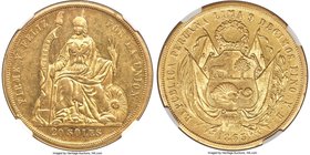 Republic gold 20 Soles 1863 LIMA-YB MS61 NGC, Lima mint, KM194. Lustrous, and well struck, with the slightest hint of rubbing on the high points. A sc...