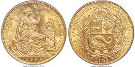 Republic gold 100 Soles 1955 MS64 PCGS, Lima mint, KM231. A near-gem example with a lively whirlpool luster and a deeply aurous cast of magnificent in...