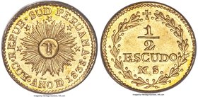 South Peru. Republic gold 1/2 Escudo 1838 CUZCO-MS MS63 PCGS, Cuzco mint, KM173, Fr-9. Wonderfully sharp and lustrous with an unmistakable prooflike r...