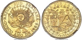 South Peru. Republic gold 8 Escudos 1838 CUZCO-MS AU58 NGC, Cuzco mint, KM171. A lovely piece with a bold sunface and excellent details. Bright luster...