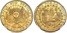South Peru. Republic gold 8 Escudos 1838 CUZCO-MS AU Details (Obverse Damage) NGC, Cuzco mint, KM171. An unusual rub in the field beneath the draped f...