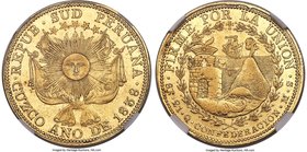 South Peru. Republic gold 8 Escudos 1838 CUZCO-MS XF45 NGC, Cuzco mint, KM171, Fr-92. Beyond eye appealing for the assigned grade, the surfaces awash ...