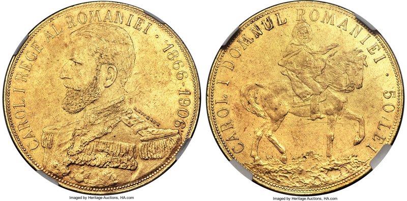 Carol I gold 50 Lei 1906 AU Details (Reverse Scratched) NGC, Brussels mint, KM39...