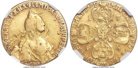 Catherine II gold 5 Roubles 1766-СПБ VF Details (Obverse Tooled) NGC, St. Petersburg mint, KM-C78a. A very rare type, with numerous scratches and ligh...