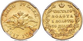 Alexander I gold 5 Roubles 1817 CПБ-ФГ AU50 NGC, St. Petersburg mint, KM-C132, Bit-18. Obv. Crowned double-headed eagle with wings down and date and v...