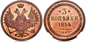 Nicholas I 3 Kopecks 1854-BM MS65 Red and Brown NGC, Warsaw mint, KM-C151.3, Bit-859, Parchimowicz-1109e. Obv. Crowned Imperial eagle with orb and sce...