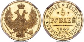 Nicholas I gold 5 Roubles 1849 CПБ-AГ MS63 NGC, St. Petersburg mint, KM-C175.3, Bit-31. Obv. Crowned Imperial eagle with orb and scepter. Rev. Date an...