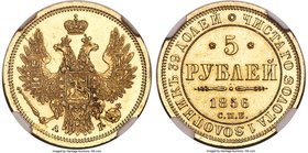 Alexander II gold 5 Roubles 1856 CПБ-AГ MS63 NGC, St. Petersburg mint, KM-YA26, Bit-2. Obv. Crowned Imperial eagle with orb and scepter. Rev. Date and...