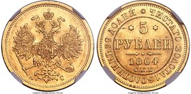 Alexander II gold 5 Roubles 1864 CПБ-AC MS63 NGC, St. Petersburg mint, KM-YB26, Bit-10, Fr-163. Obv. Crowned double-headed Imperial eagle. Rev. Date a...
