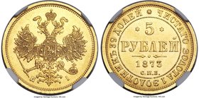 Alexander II gold 5 Roubles 1873 CПБ-HI MS63 NGC, St. Petersburg ming, KM-YB26, Fr-163, Bit-21. Lustrous, and bright, with a sharp strike and moderate...